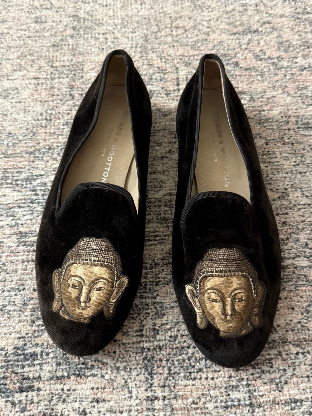 Stubbs & Wootton Black Velvet Loafers with Gold Buddha Motif